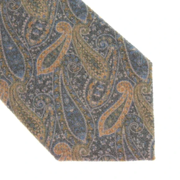 Kiton NWOT Wool/Silk Blend Neck Tie in Gray/Blue/Green/Beige/Mustard Paisley